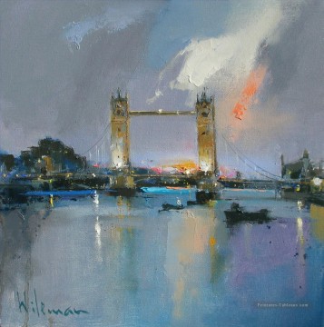 tour aube pont abstrait paysage Peinture à l'huile
